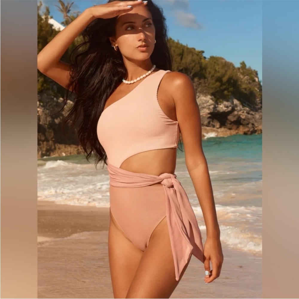 Beach Riot Carlie Blush Pink Ribbed One Shoulder Side Tie One Piece Swim Medium - Picture 12 of 13